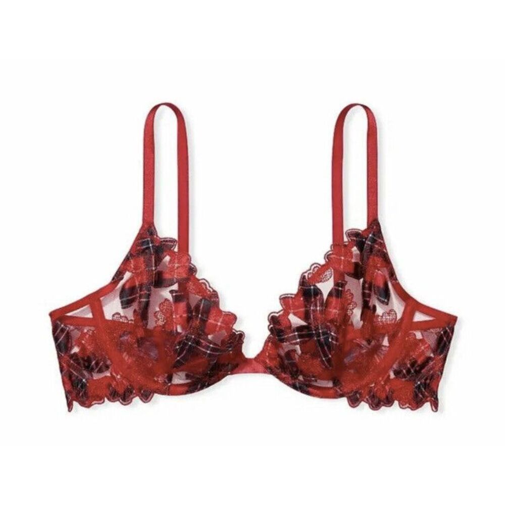 Victoria's‎ Secret Unlined Demi Bra Sz 38D - Red Plaid Floral Embroidered